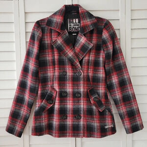 Billabong Red Black Plaid Wool Blend Double-breasted Pea Coat Size M